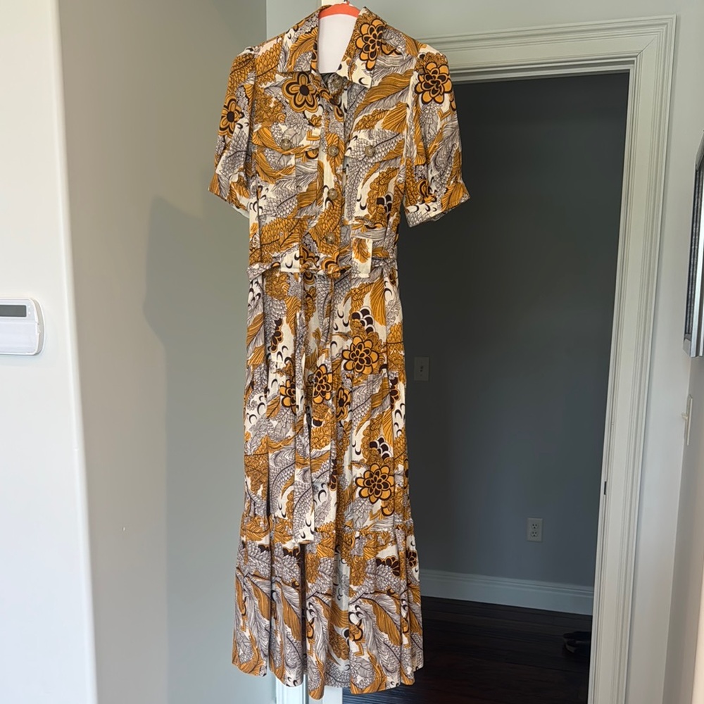 10 Crosby Derek Lam Brown and Tan Tiered Midi Dress with Notched Collar